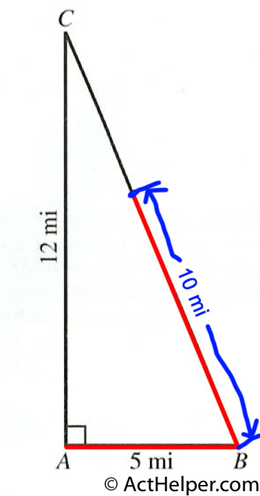 29. Paula is planning a course for a bike race. The course is in the shape of a right triangle, as shown below. Participants will begin at A, ride directly to B, then directly to C, and directly back to A. Paula wants to put a rest stop at the halfway point on the course. How many miles past B will the rest stop be?