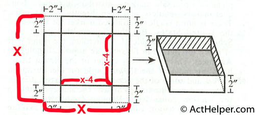 59. Rey wants to make an open box as shown below, using a square piece of cardboard. He intends to cut a 2-inch square from each corner of the cardboard and fold the cardboard along the lines shown to form the sides. The resulting box will have a volume of 72 cubic inches. What are the dimensions, in inches, of the original piece of cardboard?