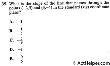 35. What is the slope of the line that passes through the points (-2,5) and (3,-4) in the standard (x,y) coordinate plane?