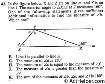 42. In the figure below, X and Z are on line m, and Y is on line 1. The exterior angle to AXYZ at Z measures 160°. One of the following statements gives sufficient . additional information to find the measure of Lb. Which one?