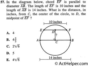 57. In the diagram below, chord EF is parallel to diameter AB. The length of EF is 10 inches and the length of AB is 14 inches. What is the distance, in inches, from C, the center of the circle, to D, the midpoint of EF ?