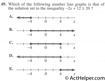 49. Which of the following number line graphs is that of the solution set to the inequality —2x + 12 >= 20 ?