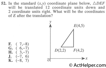 52. In the standard (x,y) coordinate plane below, ADEF will be translated 12 coordinate units down and 2 coordinate units right. What will be the coordinates of E after the translation?