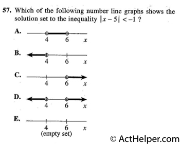 57. Which of the following number line graphs shows the solution set to the inequality |x — 5| < -1?