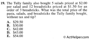 19. The Tully family also bought 5 salads priced at $2.00 per salad and 12 breadsticks priced at $1.50 for an order of 3 breadsticks. What was the total price of the pasta, salads, and breadsticks the Tully family bought, without tax and tip?