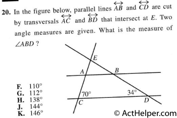 20. In the figure below, parallel lines AB and CD are cut by transversals AC and BD that intersect at E. Two angle measures are given. What is the measure of ZABD ?