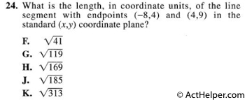 24. What is the length, in coordinate units, of the line segment with endpoints (-8,4) and (4,9) in the standard (x,y) coordinate plane?