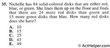 35. Nichelle has 84 solid-colored disks that are either red, blue, or green. She lines them up on the floor and finds that there are 24 more red disks than green and 15 more green disks than blue. How many red disks does she have?