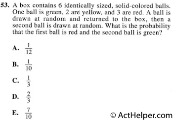 53. A box contains 6 identically sized, solid-colored balls. One ball is green, 2 are yellow, and 3 are red. A ball is drawn at random and returned to the box, then a second ball is drawn at random. What is the probability that the first ball is red and the second ball is green?