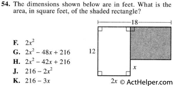 54. The dimensions shown below are in feet. What is the area, in square feet, of the shaded rectangle?