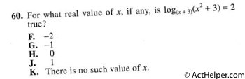 60. For what real value of x, if any, is log(x+3)(x^2+ 3) = 2