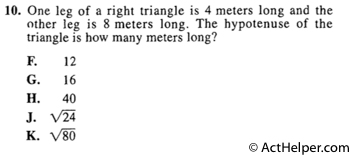 10. One leg of a right triangle is 4 meters long and the other leg is 8 meters long. The hypotenuse of the triangle is how many meters long?