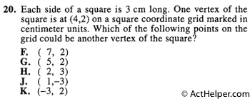 20. Each side of a square is 3 cm long. One vertex of the square is at (4,2) on a square coordinate grid marked in centimeter units. Which of the following points on the grid could be another vertex of the square?