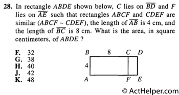 28. In rectangle ABDE shown below, C lies on BD and F lies on AE such that rectangles ABCF and CDEF are similar (ABCF — CDEF), the length of AB is 4 cm, and the length of BC is 8 cm. What is the area, in square centimeters, of ABDE ?