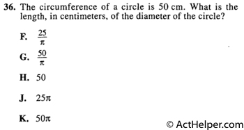 36. The circumference of a circle is 50 cm. What is the length, in centimeters, of the diameter of the circle?