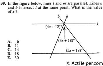 39. In the figure below, lines l and m are parallel. Lines a and b intersect l at the same point. What is the value of x?