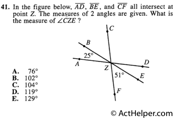 41. In the figure below, AD, BE, and CF all intersect at point Z. The measures of 2 angles are given. What is the measure of CZE ?