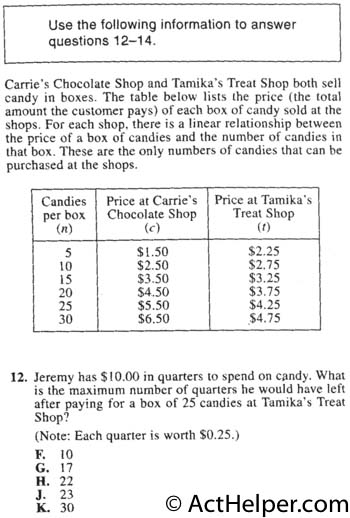 12. Carrie's Chocolate Shop and Tamika's Treat Shop both sell candy in boxes. The table below lists the price (the total amount the customer pays) of each box of candy sold at the shops. For each shop, there is a linear relationship between the price of a box of candies and the number of candies in that box. These are the only numbers of candies that can be purchased at the shops. Jeremy has $10.00 in quarters to spend on candy. What is the maximum number of quarters he would have left after paying for a box of 25 candies at Tamika's Treat Shop? (Note: Each quarter is worth $0.25.)