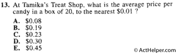 13. At Tamika's Treat Shop, what is the average price per candy in a box of 20, to the nearest $0.01 ?