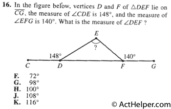 16. In the figure below, vertices D and F of ADEF lie on CG, the measure of LCDE is 148°, and the measure of EFG is 140°. What is the measure of DEF ?