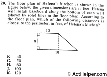 20. The floor plan of Helena's kitchen is shown in the figure below; the given dimensions are in feet. Helena will install baseboard along the bottom of each wall (shown by solid lines in the floor plan). According to the floor plan, which of the following distances is closest to the perimeter, in feet, of Helena's kitchen?