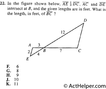 22. In the figure shown below, AE || DC, AC and DE intersect at B, and the given lengths are in feet. What is the length, in feet, of BC ?