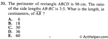 31. The perimeter of rectangle ABCD is 96 cm. The ratio of the side lengths AB:BC is 3:5. What is the length, in centimeters, of AB ?