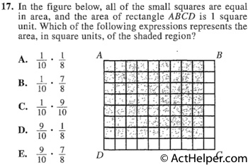 17. In the figure below, all of the small squares are equal in area, and the area of rectangle ABCD is 1 square unit. Which of the following expressions represents the area, in square units, of the shaded region?