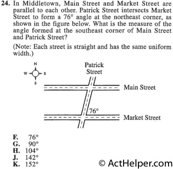 24. In Middletown, Main Street and Market Street are parallel to each other. Patrick Street intersects Market Street to form a 76° angle at the northeast corner, as shown in the figure below. What is the measure of the angle formed at the southeast corner of Main Street and Patrick Street? (Note: Each street is straight and has the same uniform width.)