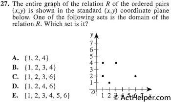 27. The entire graph of the relation R of the ordered pairs (x,y) is shown in the standard (x,y) coordinate plane below. One of the following sets is the domain of the relation R. Which set is it?