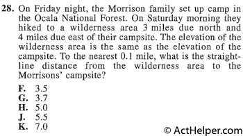 28. On Friday night, the Morrison family set up camp in the Ocala National Forest. On Saturday morning they hiked to a wilderness area 3 miles due north and 4 miles due east of their campsite. The elevation of the wilderness area is the same as the elevation of the campsite. To the nearest 0.1 mile, what is the straight-line distance from the wilderness area to the Morrisons' campsite?