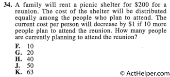 34. A family will rent a picnic shelter for $200 for a reunion. The cost of the shelter will be distributed equally among the people who plan to attend. The current cost per person will decrease by $1 if 10 more people plan to attend the reunion. How many people are currently planning to attend the reunion?