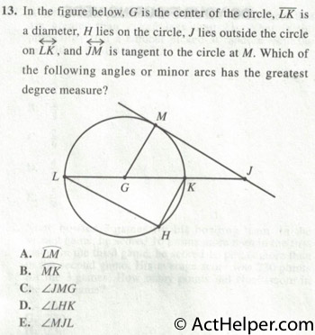 13. In the figure below, G is the center of the circle, LK is a diameter, H lies on the circle, J lies outside the circle on LK, and JM is tangent to the circle at M. Which of the following angles or minor arcs has the greatest degree measure?