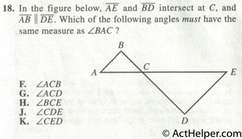 18. In the figure below, AE and BD intersect at C, and AB || DE. Which of the following angles must have the same measure as BAC?