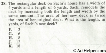 28. The rectangular deck on Sachi's house has a width of 4 yards and a length of 6 yards. Sachi remodels the deck by increasing both the length and width by the same amount. The area of her new deck is twice the area of her original deck. What is the length, in yards, of Sachi's new deck?