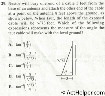 29. Nestor will bury one end of a cable 3 feet from the base of an antenna and attach the other end of the cable at a point on the antenna 8 feet above the ground, as shown below. When taut, the length of the exposed cable will be Ni. feet. Which of the following expressions represents the measure of the angle the taut cable will make with the level ground?