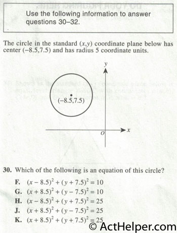 30. The circle in the standard (x,y) coordinate plane below has center (-8.5,7.5) and has radius 5 coordinate units. Which of the following is an equation of this circle?