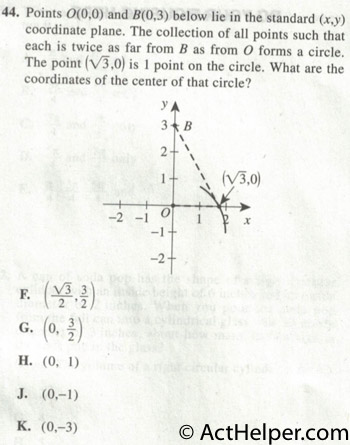 44. Points O(0,0) and B(0,3) below lie in the standard (x,y) coordinate plane. The collection of all points such that each is twice as far from B as from 0 forms a circle. The point (V3,0) is 1 point on the circle. What are the coordinates of the center of that circle?