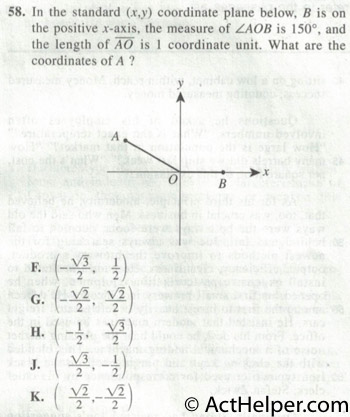 58. In the standard (x,y) coordinate plane below, B is on the positive x-axis, the measure of AOB is 150°, and the length of AO is 1 coordinate unit. What are the coordinates of A ?