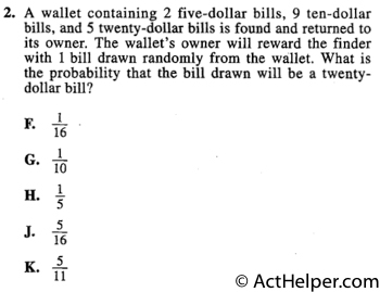 2. A wallet containing 2 five-dollar bills, 9 ten-dollar bills, and 5 twenty-dollar bills is found and returned to its owner. The wallet's owner will reward the finder with 1 bill drawn randomly from the wallet. What is the probability that the bill drawn will be a twenty-dollar bill?