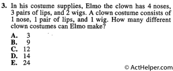 3. In his costume supplies, Elmo the clown has 4 noses, 3 pairs of lips, and 2 wigs. A clown costume consists of 1 nose, 1 pair of lips, and 1 wig. How many different clown costumes can Elmo make?