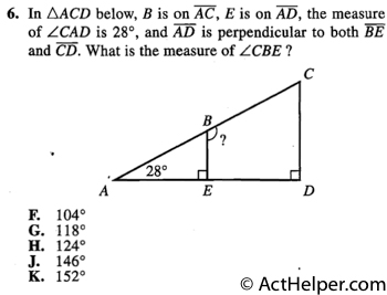 6. In AACD below, B is on AC, E is on AD, the measure of LCAD is 28°, and AD is perpendicular to both BE and CD. What is the measure of ZCBE ?