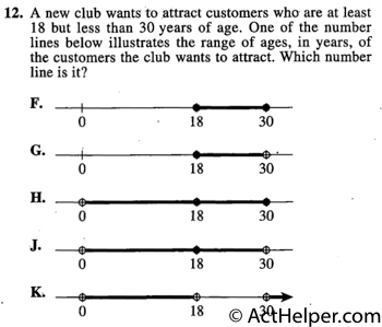 12. A new club wants to attract customers who are at least 18 but less than 30 years of age. One of the number lines below illustrates the range of ages, in years, of the customers the club wants to attract. Which number line is it?