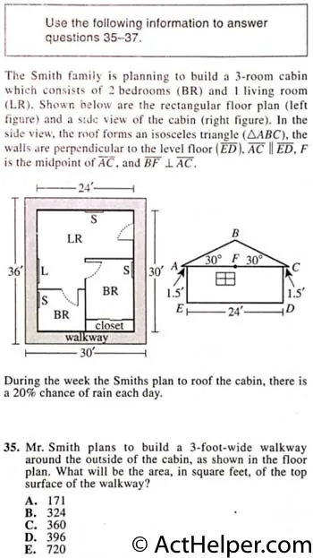 35. Mr. Smith plans to build a 3-foot-wide walkway around the outside of the cabin, as shown in the floor plan. What will be the area, in square feet, of the top surface of the walkway?