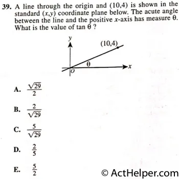 39. A line through the origin and (10,4) is shown in the standard (x,y) coordinate plane below. The acute angle between the line and the positive x-axis has measure 0. What is the value of tan 0 ?