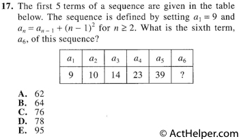 17. The first 5 terms of a sequence are given in the table below. The sequence is defined by setting al = 9 and a„= an _1+ (n — 1)2 for n ?_ 2. What is the sixth term, a6, of this sequence?