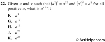 22. Given u and v such that (a2)1 = a12 and (a')2 = a8 for all positive a, what is au'