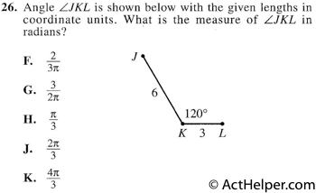 26. Angle LJKL is shown below with the given lengths in coordinate units. What is the measure of LJKL in radians?