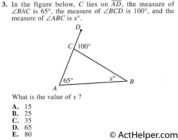 3. In the figure below, C lies on AD, the measure of ZBAC is 65°, the measure of ZBCD is 100°, and the measure of LABC is x°. What is the value of x ?