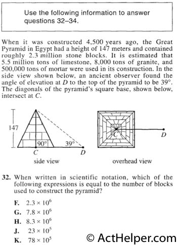 32. When written in scientific notation, which of the following expressions is equal to the number of blocks used to construct the pyramid?